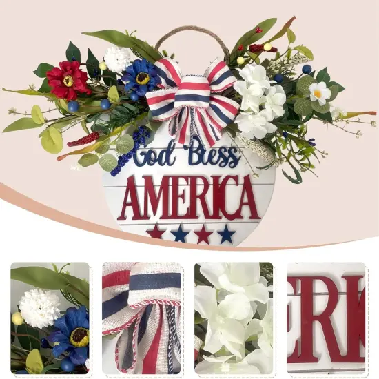 God Bless America Sign Wreath 4th of July Wreath Patriotic Wreath for Front Door, 16" Red White and Blue Flower Wooden Sign Wreath for Memorial Day Independence Day Decoration {2}