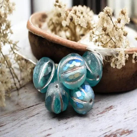 *12* 10mm Metallic Beige Washed Matte Teal AB Faceted Round Melon Beads {5}