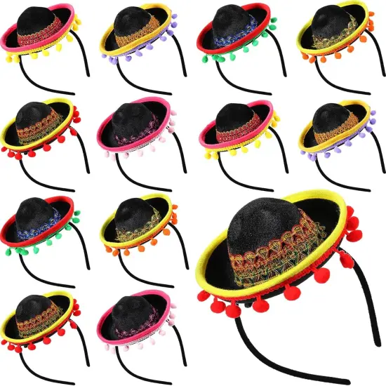 12 Pcs Mexican Fiesta Mini Sombrero Hats Headbands - Cinco de Mayo Decorations, Dia de Muertos Party Supplies and Favors {1}