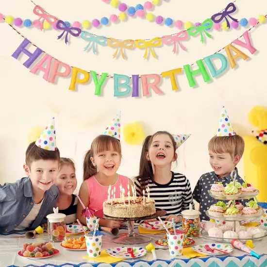 3Pcs 118 Inch Pre-Strung Happy Birthday Felt Banner - Felt Ball Garland -Pastel Birthday Banner with Bow Party Decorations Party Garland for Wall Decoration {5}