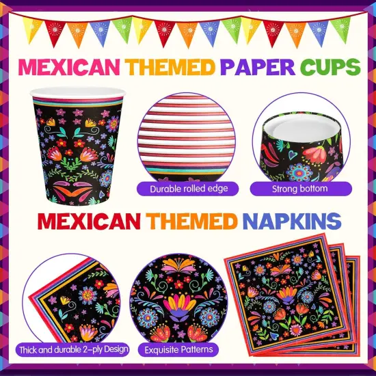 200 Pieces Mexican Party Decoration Supplies Fiesta Tableware Set, Includes Mandala Flower Mexican Paper Plates and Napkins Cinco De Mayo Paper Cups for Taco Tuesday Birthday Party Decor {5}