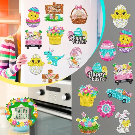 16 Pcs Easter Diamond Painting Magnets for Refrigerator Spring Diamond Art Magnets DIY Bunny Eggs Gnome Cross Flower Diamond Painting Kits Pink Yellow Easter Diamond Art for Adults Kids Crafts {5}