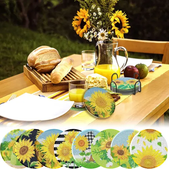 8 Pieces Sunflower Diamond Art Painting Coasters DIY 5D Full Drill Coasters Acrylic Round Cup Coaster with Holder Cork Pads for Spring Summer Party Home Decor DIY Crafts {4}