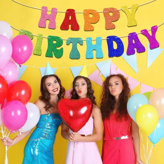 Pre-Strung Rainbow Happy Birthday Banner - NO DIY - Colorful Rainbow Party Banner Decorations, Glitter Birthday Party Garland {5}