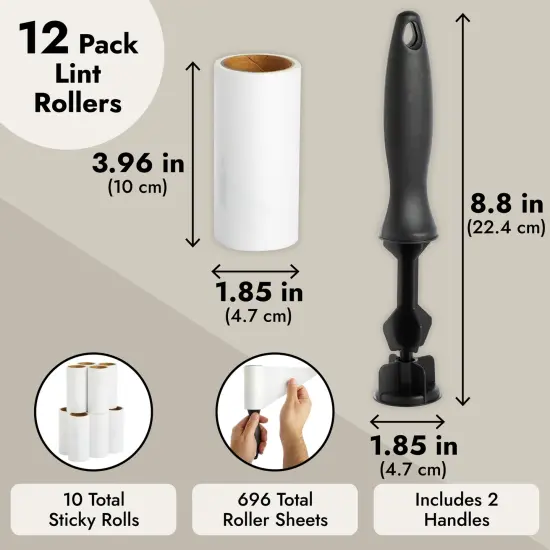 12 Pack Lint Roller for Clothes with 696 Sheets, 2 Handles and 10 Sticky Roll Refills for Pet Hair Removal, Laundry White {3}