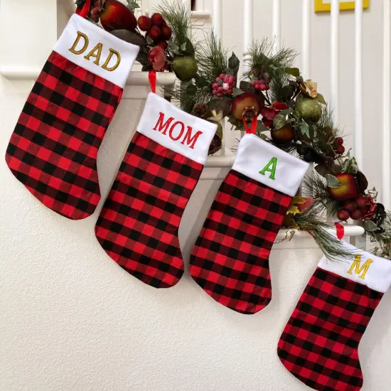 Wrapables Christmas Buffalo Plaid Stockings With Plush White Cuff, Hanging Fireplace Holiday Decoration (Set of 3), Red {5}