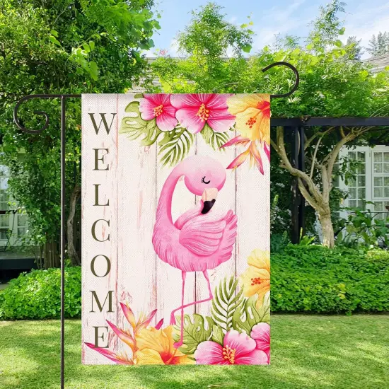 Flamingo Welcome Summer Garden Flag Tropical Pink Bird Yard Flag 12x18 Inch Vertical Double Sided Rustic Seasonal Outside Decorations {2}
