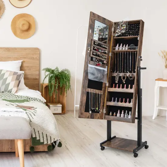 Costway 3-Color 46 LED Lights&nbsp;Mirror Jewelry Cabinet Armoire Adjustable Height with Wheels Rustic Brown/White {4}