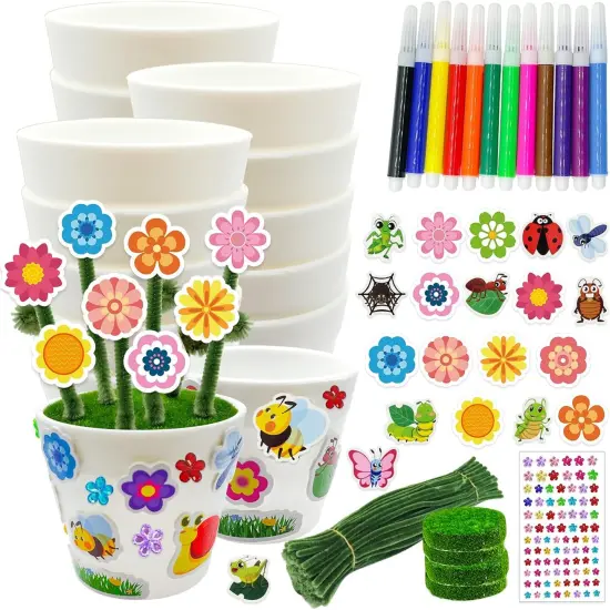 24 Set Garden Plastic Pot Craft Kit，DIY Flower Plant Crafts with Adhesive Foam Stickers, Pipe Cleaners, Flower Growing Kit for Summer {1}