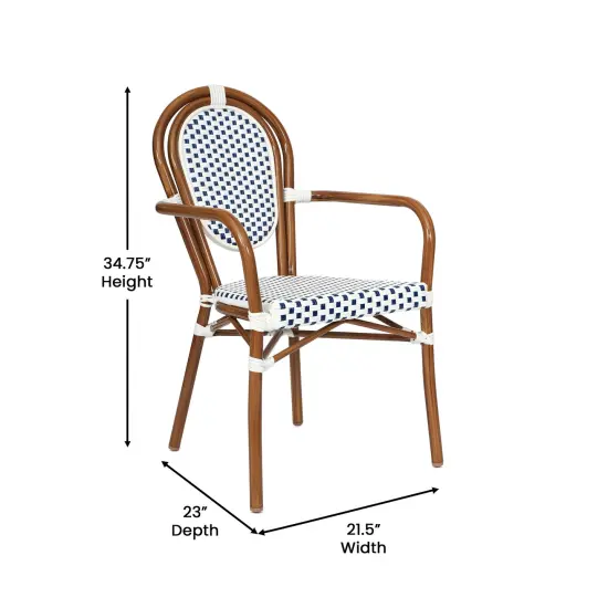 Merrick Lane Celia Set of Four Stacking Thonet Bistro Style Chair with Arms, PE Rattan Seat, and Metal Frame for Indoor/Outdoor Use White&Navy/Natural {5}