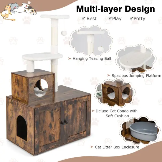 Costway 2-in-1 Wooden Litter Box Enclosure with Cat Tree Hidden Washroom Furniture White/Brown/Gray {4}