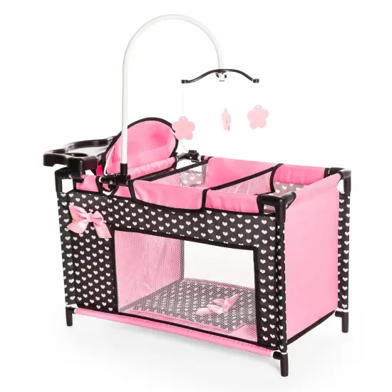 Bayer: Multi Bed - Black, Pink, Hearts - Accessory Set for Dolls Up to 18", Built-in High Chair, 3 Hangers, Pillow, Blanket, Kids Ages 3+ {3}