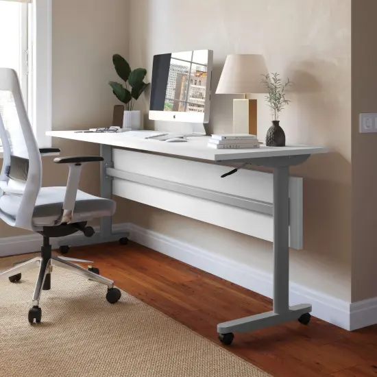 Emma and Oliver Hahn Heavy-Duty Flip Top Training Table with Nesting Design, Privacy Panel, T-Legs, Tabletop, Metal Frame White Top/Gray Frame {1}