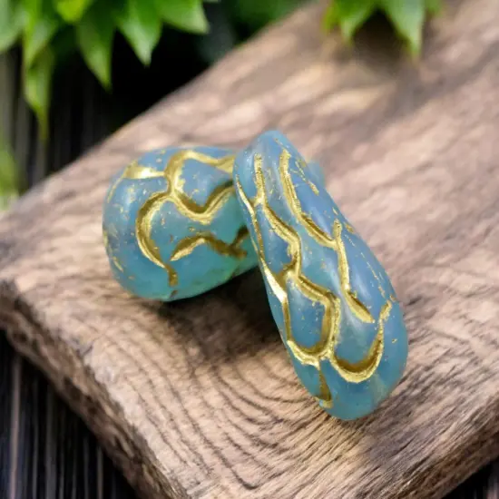 *6* 25x12mm Gold Washed Blue Aqua Opal Mermaid Scale Large Drop Beads {3}