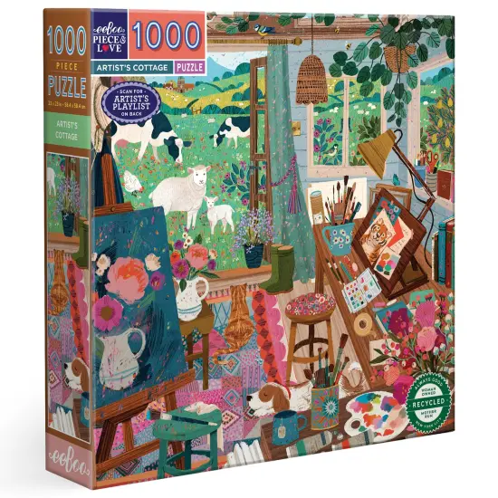 eeBoo Piece & Love: Artist's Cottage - 1000 Piece Puzzle - Adult Square Jigsaw, 23x23", Includes Image Reference Insert, Glossy High-Quality Pieces {1}