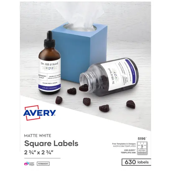 Avery Printable Blank Square Labels, 2.75" x 2.75", Matte White, 630 Customizable Labels (5196) {1}