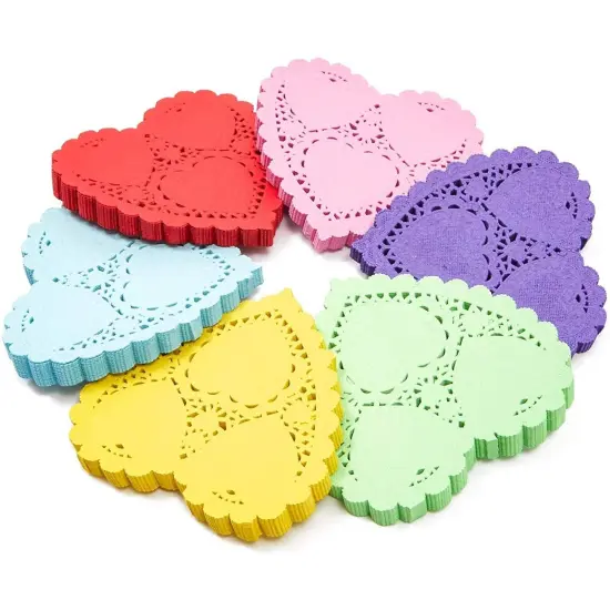 Juvale 600 Pack Paper Doilies, Heart Shaped Placemats for Crafts and Parties, Women's Day and Mother's Day Decorations, 4 x 4 Inch Bulk Cutout Lace Paper Doilies, 6 Colors Multicolor {1}
