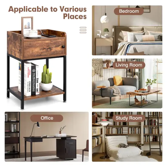 Costway 2PCS Nightstand W/ Charging Station Sofa Side Table Storage CabinetEnd Table Rustic Brown {6}