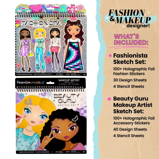 Fashion Angels: Sketch Portfolio Bundle - Fashionista & Beauty Guru Makeup Artist - 2 Pads, 200+ Stickers, 8 Stencil Sheets, Girls-Tweens-Kids 6+ {3}