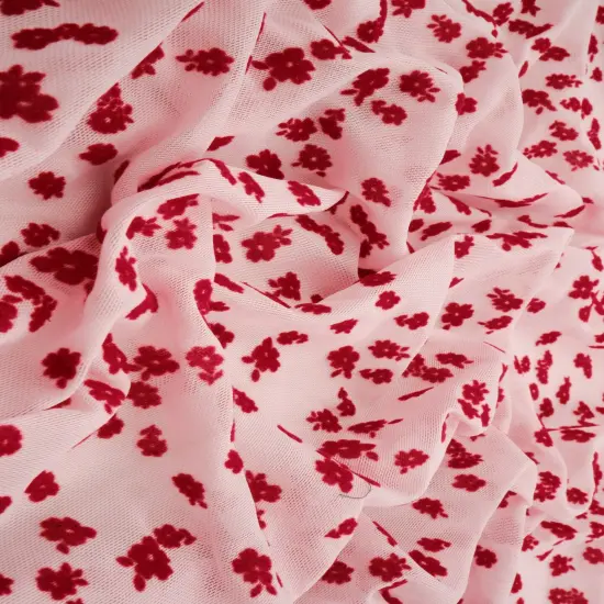 1 Yard Floral Flocking Mesh Fabric, 56/57&Prime; Wide Polyester Spandex Blend RED {2}