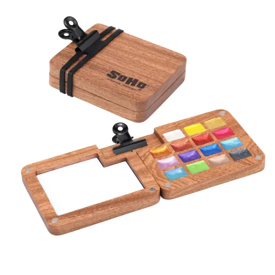 SoHo Urban Artist Mini Wooden Travel Watercolor Palette of 15 Metallic Colors - Professional Watercolor Paint Set for Plein Air Artists, Semi-Moist Pans, Pocket-Sized Magnetic Wood Case with Mixing Area {1}