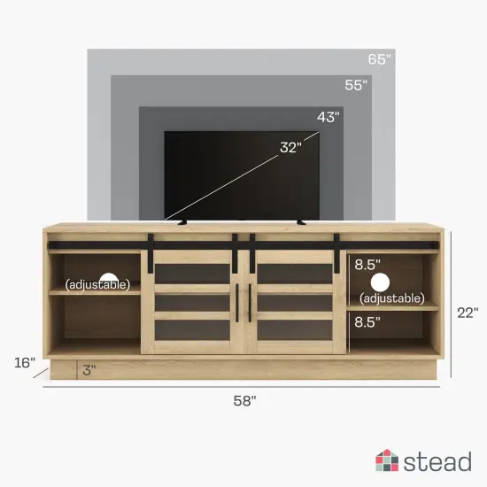 Stead Modern Farmhouse TV Stand, Media Console with Sliding Glass Doors, 58&rdquo; Entertainment Center with Storage, Barn Door TV Stand for Living Room and Bedrooms, Supports 32 to 65" TVs (Light Oak) {2}