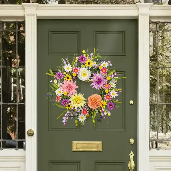 Artificial Summer Wreath 22 Inch Floral Wreaths for Front Door Summer Wreath with Dahlia Daisy Flowers for Indoor Porch Wall Holidays Easter Celebrations {3}