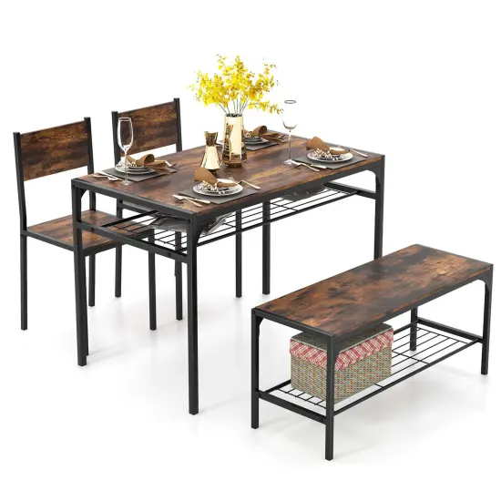 Costway Dining Table Set for 4 Rectangular Table with 2 Chairs, 1 Bench, Storage Racks Rustic Brown/Gray/Brown {7}