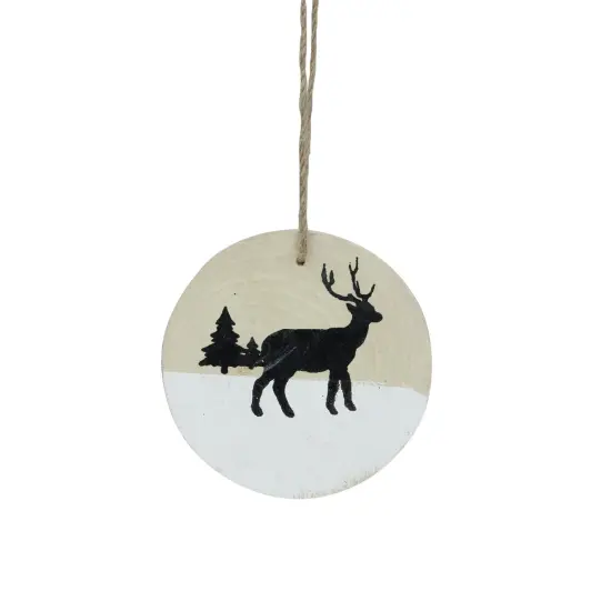 Northlight Winter Deer with Pine Trees on Wooden Disc Christmas Ornament - 3.75" - Beige Brown {4}
