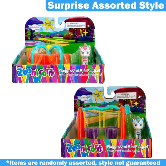 Zoonicorn: Playground Mini Playset - Surprise Assorted Style - Swing Set OR Merry Go Round & A Zoonicorn Character Figurine, Miniature Toy, Kid Age 3+ {5}