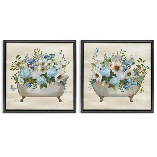 Stupell Industries Butterfly Hydrangea Bathtub 2 pc Framed Floater Canvas Wall Art Set Design by Nan {1}