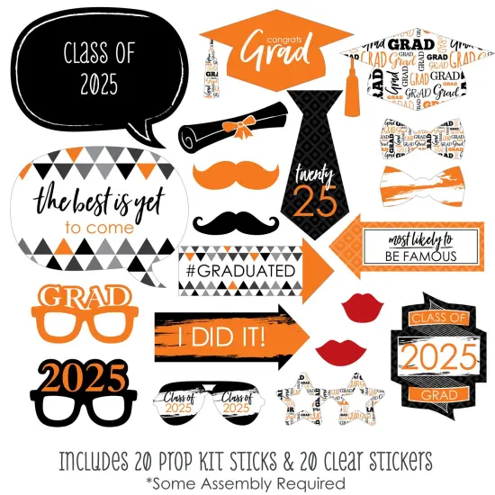 Big Dot of Happiness Orange 2025 Graduation Party Photo Booth Props Kit - 20 Count {3}