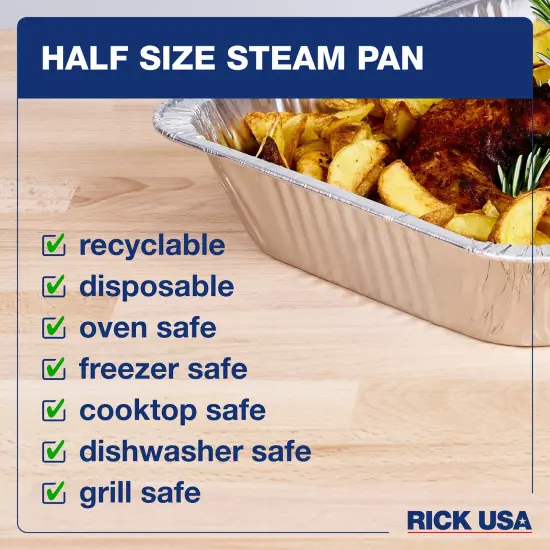 RICK USA: Half Size Steam Pan - 25 Pack - 11.7x9" Disposable Aluminum Foil, Multi-Purpose Baking-Cooking, Durable, Grill-Oven-Freezer-Dishwasher Safe {6}