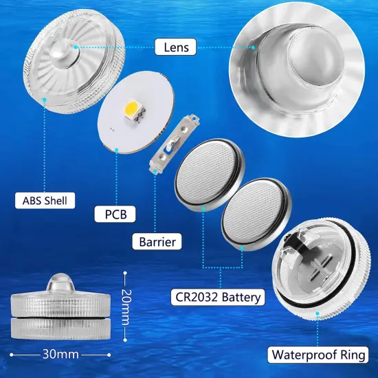 Submersible LED Light,White Small LED Light,100 Hours Waterproof Flameless Led Lights Battery Powered for Wedding Home Vase Festival Party Decoration 12pcs (Built-in 24 Batteries) {3}