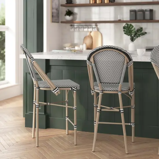 Merrick Lane Mael Set of Two Stacking Bistro Style Counter Stools with Textilene Backs and Seats and Metal Frames for Indoor/Outdoor Use Black/Natural Frame {7}