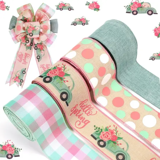Spring Ribbon Wired 4 Rolls 2.5 Inch x 24 Yards TTL, Blue Car and Floral Ribbon with Plaid and Polka Dot Printed {1}