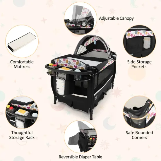 Babyjoy Pack & Play Baby Diaper Changing Table 4 in 1 Portable Foldable with Mattress Carrying Bag Black/Grey/Black+Pink {4}