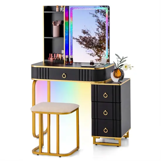 Costway Vanity Table Set with RGB LED Lights Crystal Crush Diamond Mirror Drawers Black/White {7}