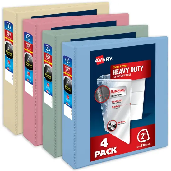 Avery Heavy-Duty View 3 Ring Binders, 2 Inch One Touch Slant Rings, 530-Sheet Capacity, DuraHinge, 2.8 Inch Wide Spine, Customizable Clear Cover and Spine, Assorted Pastel Colors (4-Pack of 79637) {1}