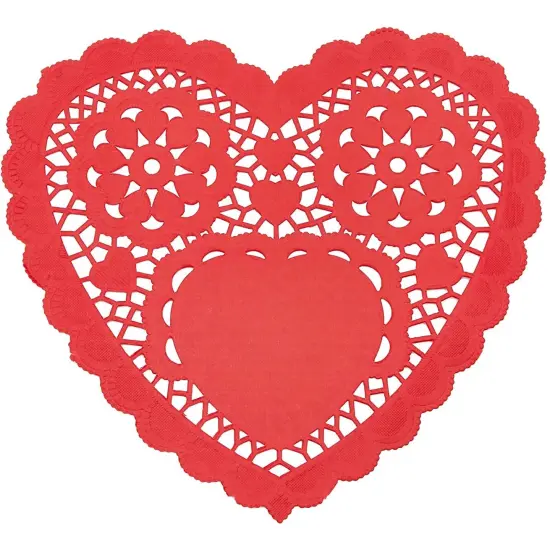 Juvale 100 Pack Red Paper Doilies, Heart Shaped Placemats for Crafts and Parties, Valentine’s Day Decorations, 10 x 9 Inch Cutout Paper Lace Heart Doilies {1}