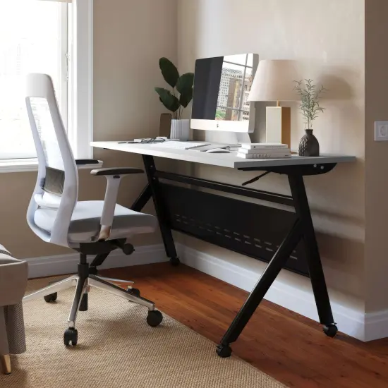 Emma and Oliver Griffin Heavy-Duty Flip Top Training Table with Nesting Design, Privacy Panel, Y-Legs, Tabletop, Metal Frame Gray Top/Black Frame {1}