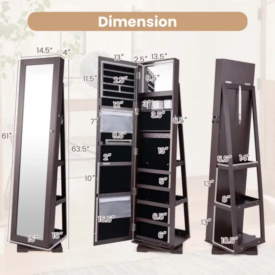 Costway 360degree Rotatable Jewelry Cabinet 2-in-1 Lockable Mirrored Organizer White/Black/Dark Brown/Gray/Blue/Pink/Purple/Dark Gray {3}