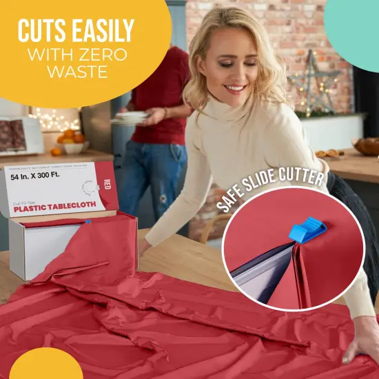  Party Solids 54" x 300' Plastic Table Cover Roll with Slide Cutter &ndash; Cut-to-Size Dispenser Box &ndash; Makes Up to 36 Disposable 8' Rectangle Tablecloths by Exquisite Red {5}