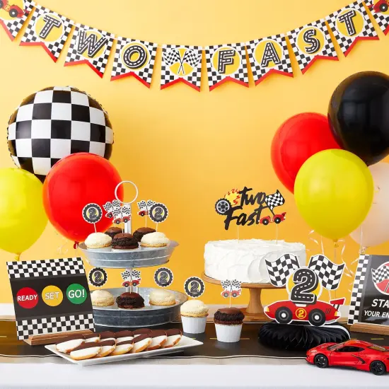 51 Piece Two Fast Car Themed Birthday Decorations, Party Supplies Including Banner, Cake Toppers, Balloons, Centerpieces, and Wall Signs Multicolor {2}