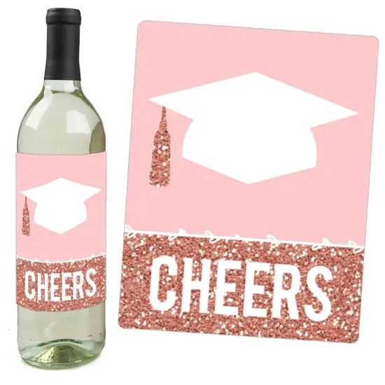 Big Dot of Happiness Rose Gold Grad - 2025 Graduation Party Decorations for Women and Men - Wine Bottle Label Stickers - Set of 4 {3}