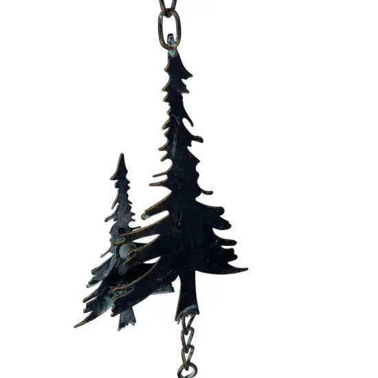 70" Metal Rain Chain - Forest Trees & Zen Bells, Aged Verdigris, 3.25" Diameter {3}