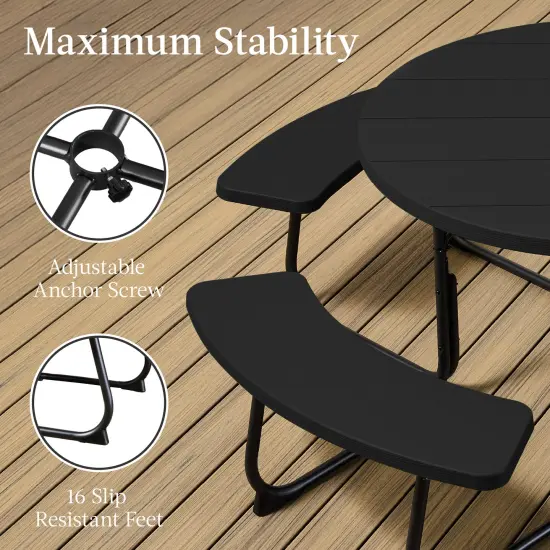 Best Choice Products 8-Person Circular Outdoor Picnic Table w/ 4 Benches, Umbrella Hole, 2000lb Capacity Black {5}
