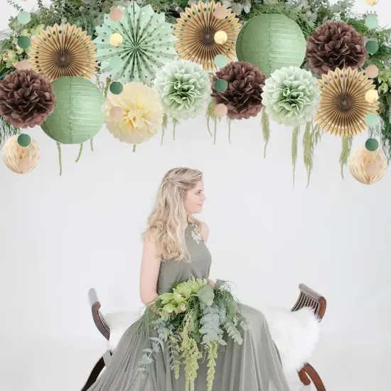 Sage Green and Brown Party Decorations Baby Shower Decorations Sage Green Beige Brown Tissue Paper Pom Poms Lanterns for Sage Green and Brown Birthday Bridal Shower Wedding Room Decor {2}