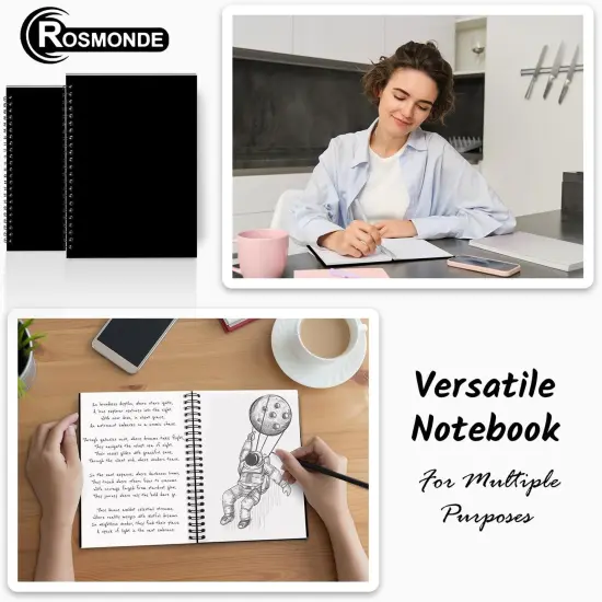 Unlined Spiral Notebook, 6 Pack, 8.3 x 5.8", 120 Pages (60 Sheets), Thick Black Water Resistant Cover, Thick No-Bleed 100 GSM Blank Paper, A5 Unlined Notebook, Travel Journal, Small Blank Sketchbook {3}