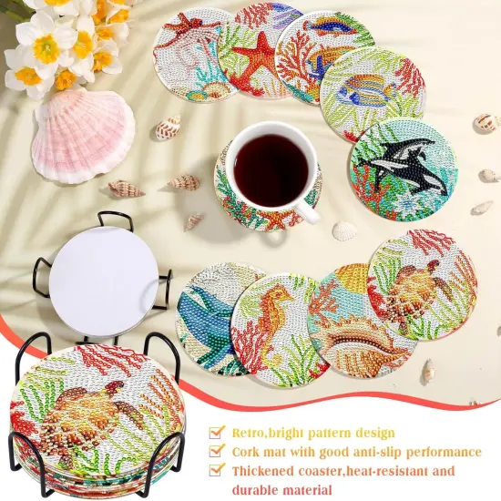 Diamond Art Painting Coasters Kit, 10 Pieces Ocean Diamond Art Coasters with Holder, DIY Diamond Arts and Crafts for Adults {3}